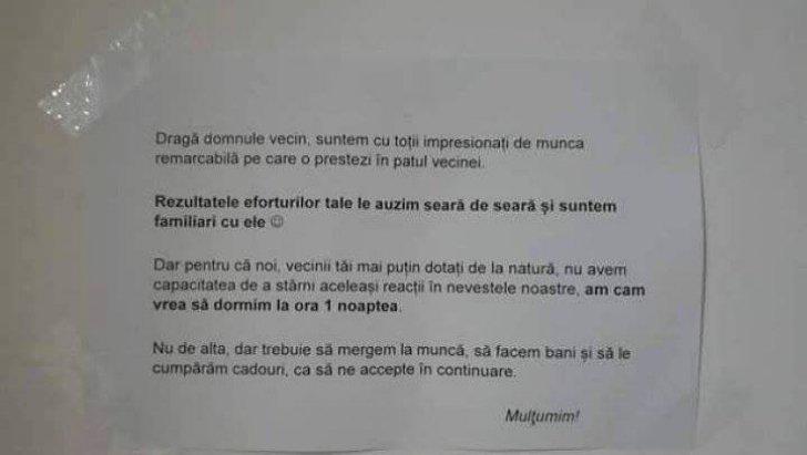 Râzi cu lacrimi! Mesajul unui vecin deranjat de zgomotele din miez de noapte ale unui cuplu face furori pe internet