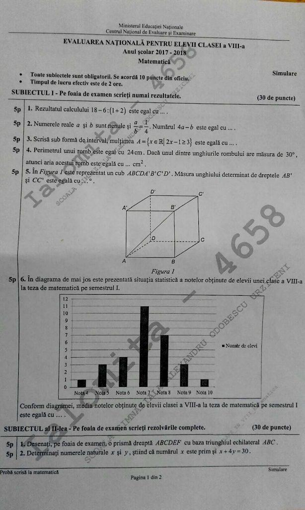 SUBIECTE Simulare Evaluare Naţională 2018: Ce subiecte au avut de rezolvat elevii la Matematică