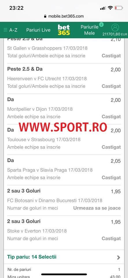 Câștig fabulos la pariuri! Un român a mizat 43 de Euro pe 14 meciuri din weekend și a câștigat o sumă astronomică!