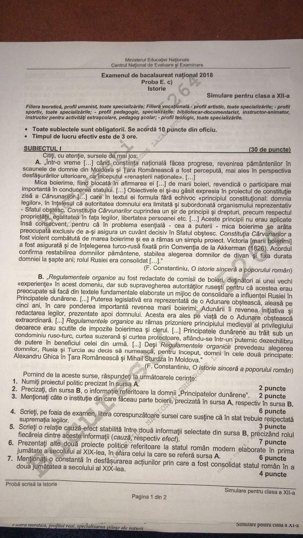 SUBIECTE SIMULARE BAC 2018. Ce subiecte au picat la Istorie și Matematică