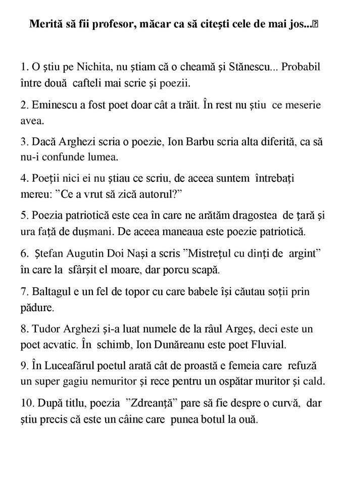 Profesorii de română au adunat perlele elevilor: „Poeții nici ei nu știu ce scriu, de aceea suntem întrebați «Ce a vrut să zică autorul?»”