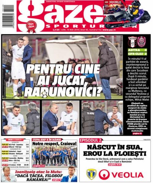Revista presei sportive, 14.05.2018: jucător de la Astra, dat afară după meciul cu CFR; Messi cucerește trofee și când nu joacă”; Barcelona, adio invincibilitate după un meci cu 9 goluri