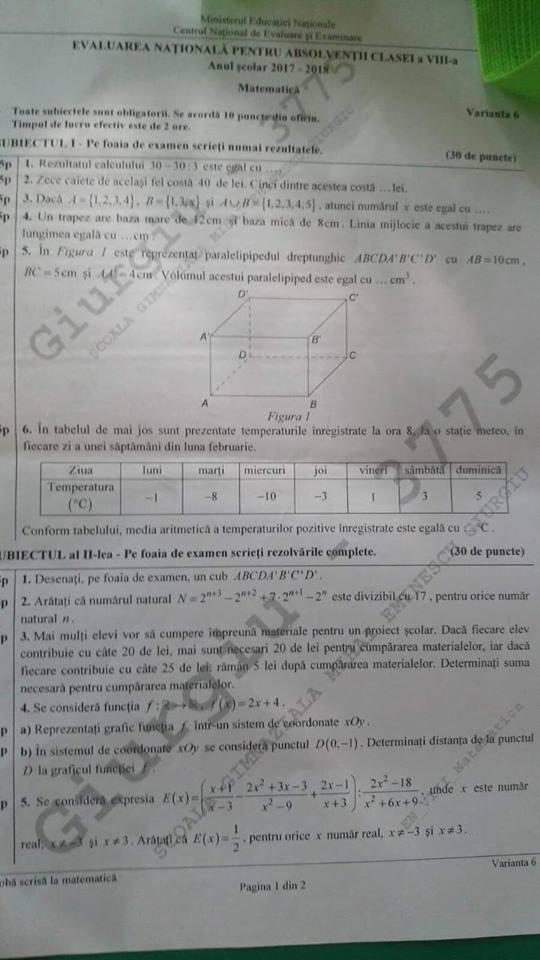 Subiecte Evaluarea Națională 2018 la Matematică! Avem subiectele!!! Ce a picat