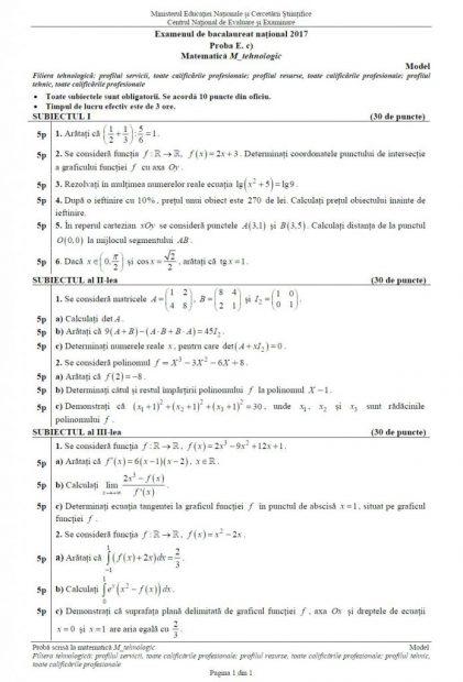 Subiecte Bac Matematica Tehnologic 2018