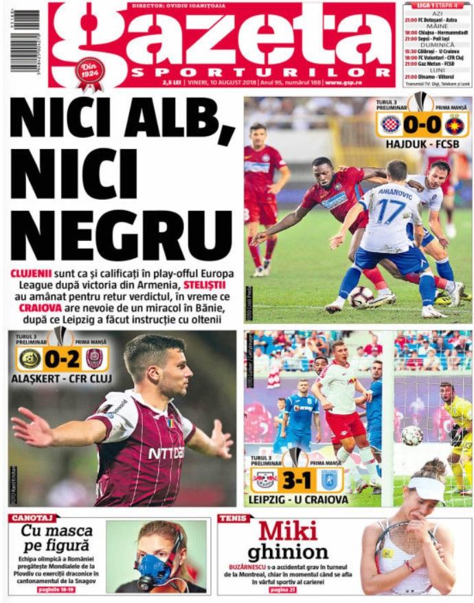 Revista presei sportive, 10.08.2018: CFR, FCSB și Craiova, o victorie, o remiză și un eșec în Europa; Modric pleacă de la Real. Cu cine ar fi bătut palma