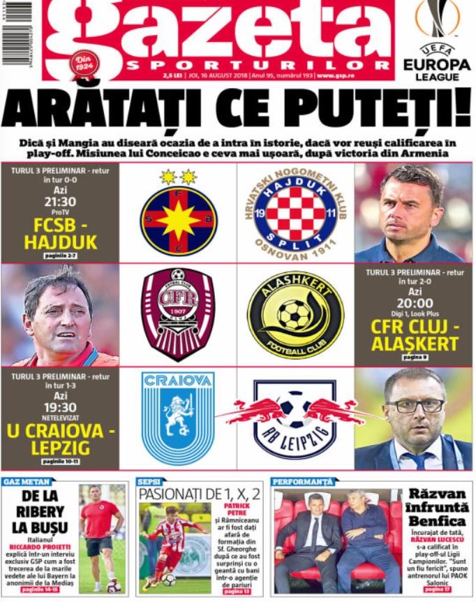 Revista presei sportive, 16.08.2018: Un campion al României, surprins într-o agenție de pariuri; Super Atleti, Super Simeone, Supercupa Europei!