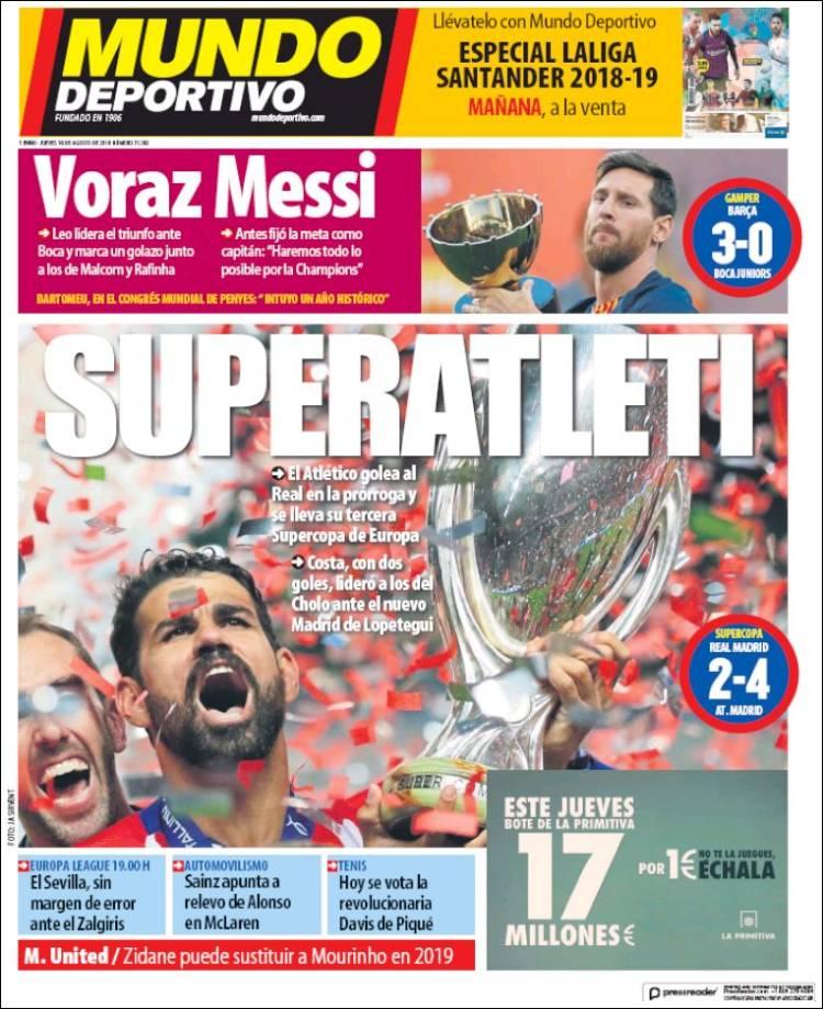 Revista presei sportive, 16.08.2018: Un campion al României, surprins într-o agenție de pariuri; Super Atleti, Super Simeone, Supercupa Europei!