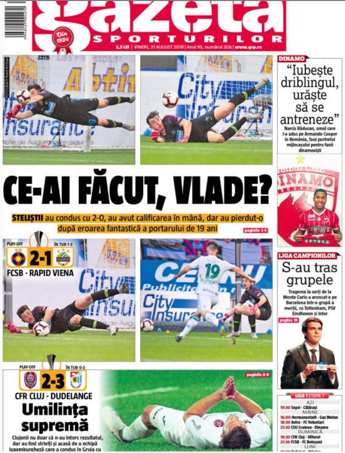Revista presei sportive, 31.08.2018: FCSB și CFR Cluj, OUT din Europa; Modric îl bate pe Ronaldo în topul UEFA; Messi, în ”Grupa Morții”