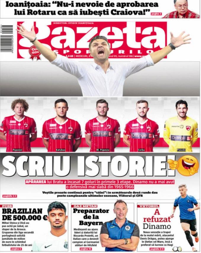 Revista presei sportive, 08.08.2018: FCSB ia un jucător brazilian; Dinamo scrie istorie ...negativă; încă un transfer record în fotbalul mondial;