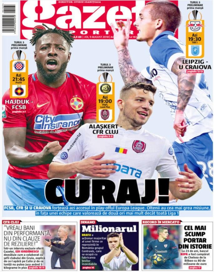 Revista presei sportive, 09.08.2018: CFR Cluj, ”U” Craiova și FCSB atacă play-off-ul Europa League; Barcelona, încă o lovitură în mercato; Încă un star de la Real la Juve?