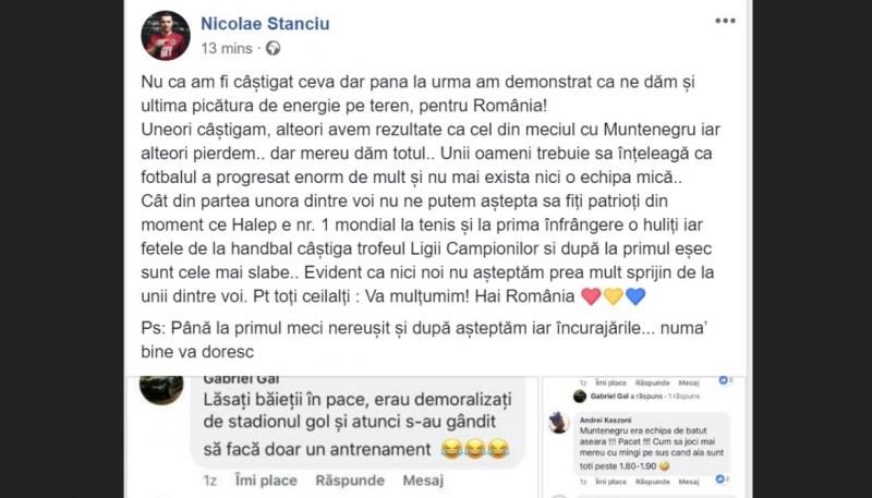 Nicolae Stanciu, mesaj dur pe Facebook pentru fanii României după remiza din Serbia: ”Nu ne putem aștepta să fiți patrioți, din moment ce o huliți pe Simona Halep la primul eșec”