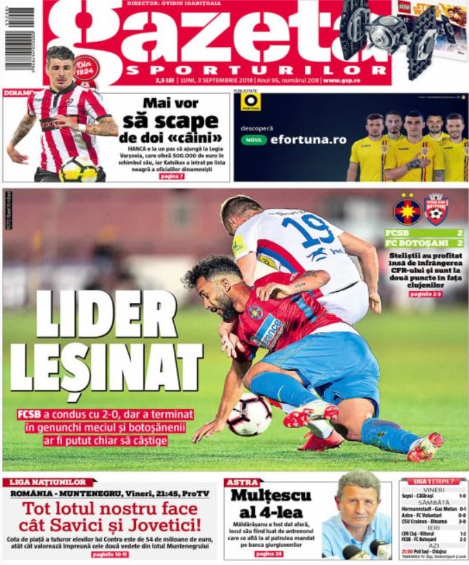 Revista presei sportive, 03.09.2018: Naționala României = Savic + Jovetic; revine SMURD-ul în Liga 1; încă doi ”câini”, out de la Dinamo