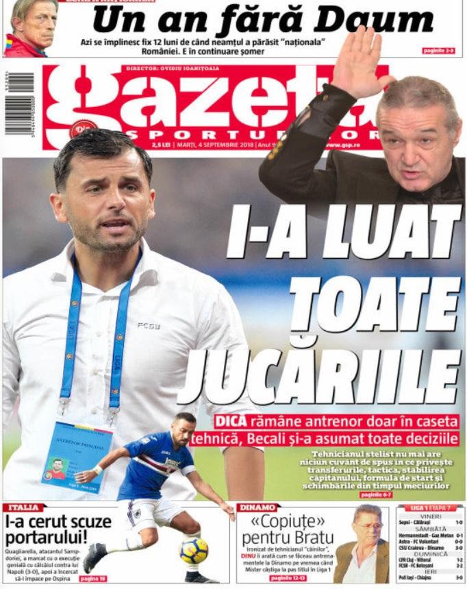 Revista presei sportive, 04.09.2018: Gigi Becali, antrenorul absolut la FCSB; FIFA l-a uitat pe Messi în topul celor mai buni