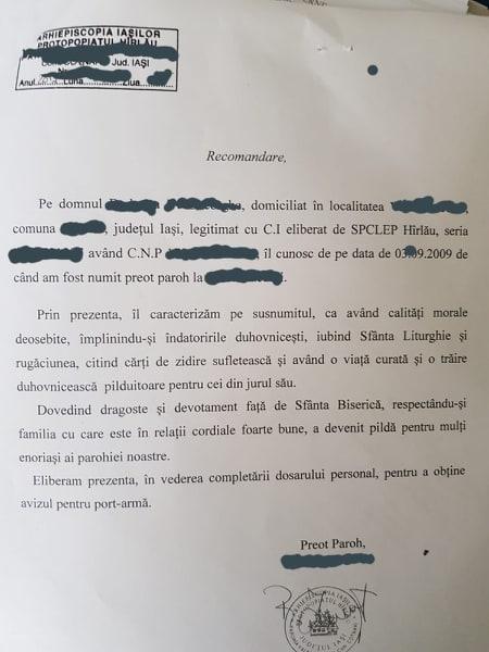 Recomandare pentru permis port armă din partea unui preot din Iași!  ”Sus numitul are calități morale deosebite, împlinindu-și îndatoririle duhovnicești, iubind Sfânta Liturghie și rugăciunea”
