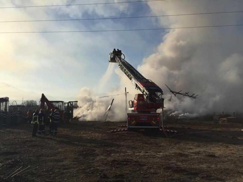 FOTO/ Ard două hale pline cu baloți de paie. Pagubele sunt uriașe