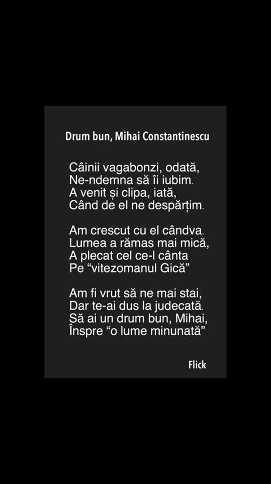 Versuri sfâșietoare în memoria lui Mihai Constantinescu: "Lumea a rămas mai mică, a plecat cel ce-l cânta / Pe „vitezomnul Gică” "