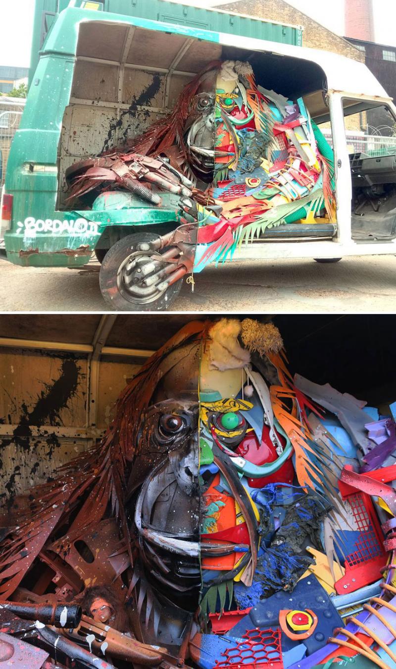 Un artist portughez a creat din gunoaiele aruncate de oameni pe stradă animale, pentru a sugera dezastrul ecologic produs de deșeuri
