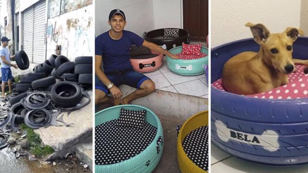 De apreciat! Un tânăr cu suflet mare își dedică timpul pentru a transforma anvelopele vechi în pătuțuri pentru animalele abandonate