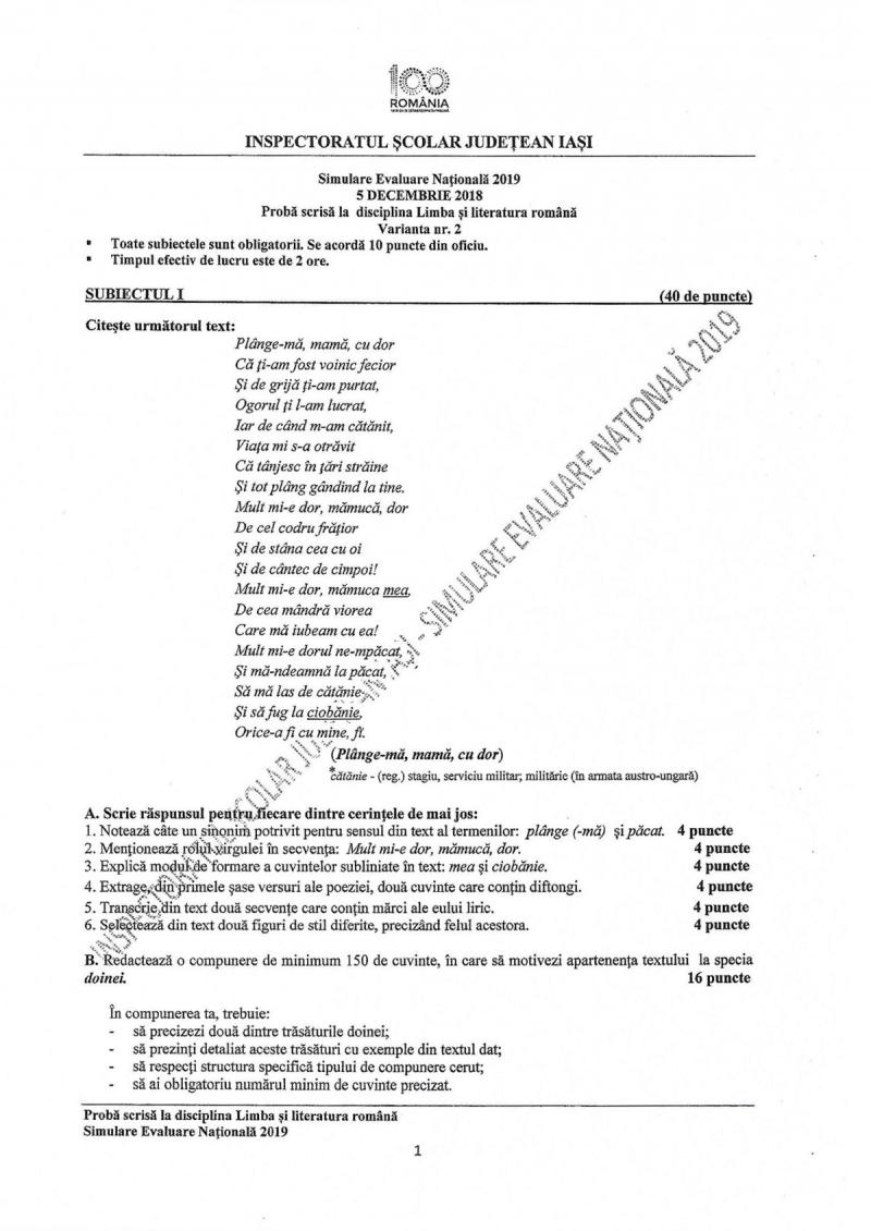 Simulare Evaluare Națională 2019. Modele de subiecte Româna și Matematică