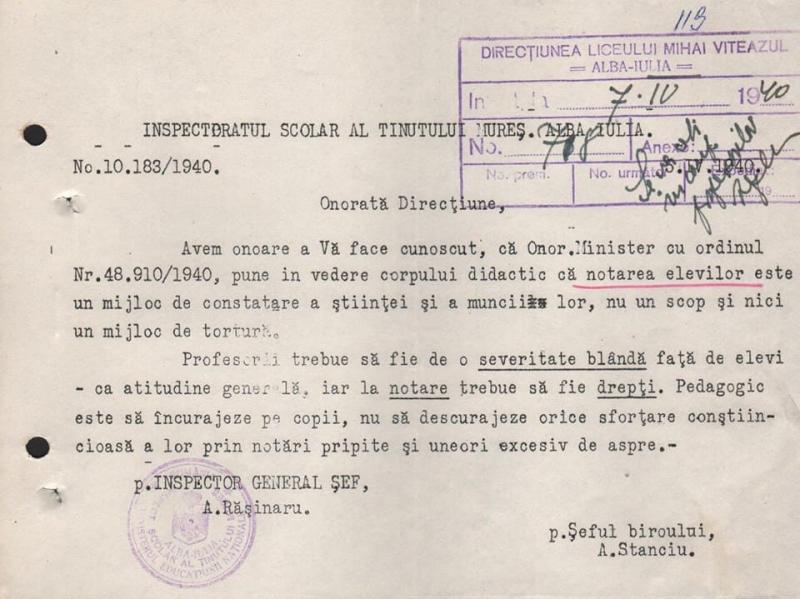 De necrezut! Notarea elevilor &icirc;n anul 1940! Scrisoarea Inspectoratului Școlar către un liceu: ,,Notarea nu este un scop și nici un mijloc de tortură''