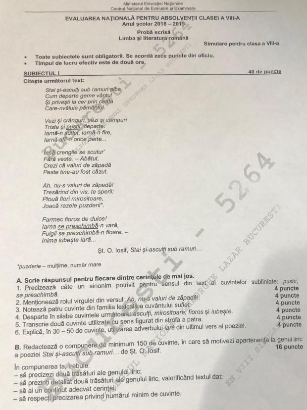 Barem de corectare Simulare Evaluare Limba Română. Cum trebuiau rezolvate subiectele de a VIII-a