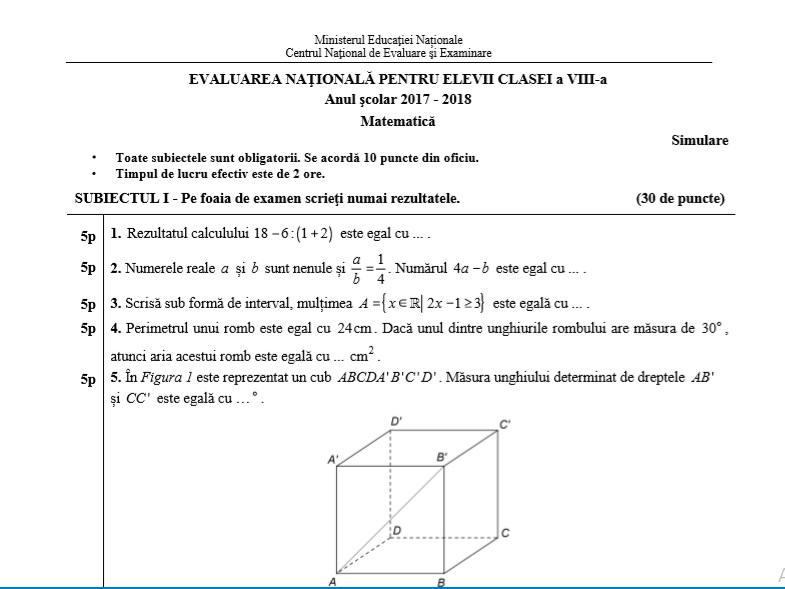 Subiecte Simular Evaluarea NaÅ£ionalÄƒ MatematicÄƒ Ce A Picat La Clasa A Viii A