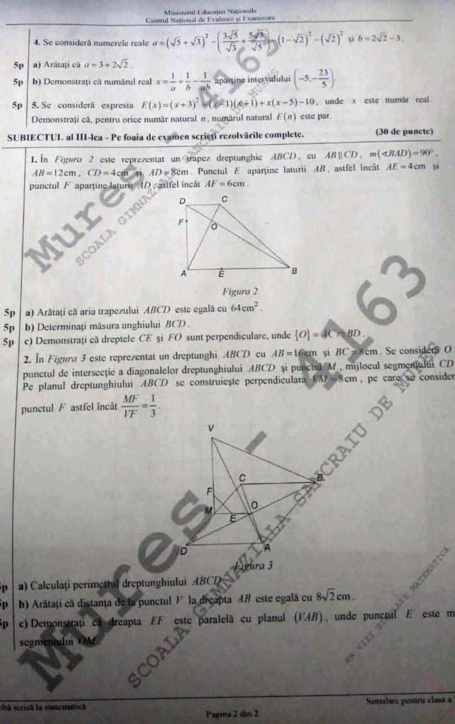 Bareme Matematică Simulare Evaluare Națională, clasa a VIII-a. Cum trebuiau rezolvate subiectele