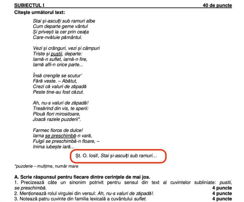 Eroare în subiectele de la Simulare! Cui îi aparținea poezia atribuită lui Șt. O. Iosif: ”Malpraxis pedagogic!”.