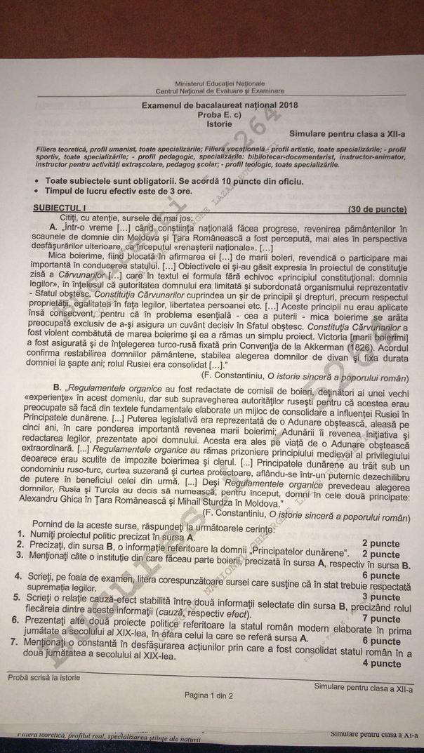 Subiecte Simulare Bac 2019 Istorie, clasa a XII-a. Ce subiecte au picat la Istorie