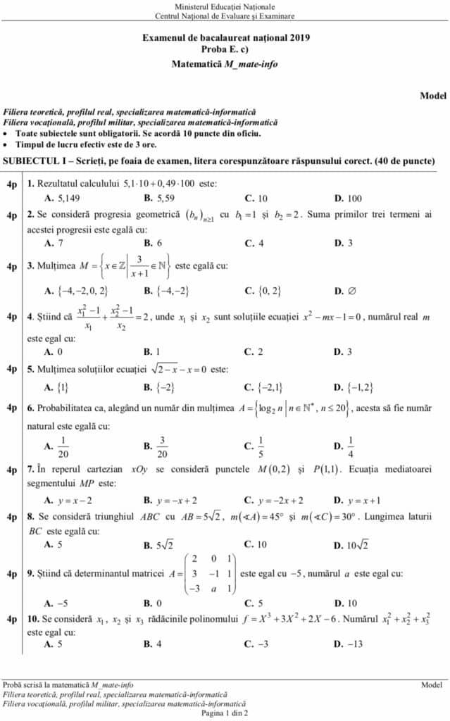 Subiecte Simulare Bac 2019 Matematică, clasa a-XI-a. Ce a picat azi