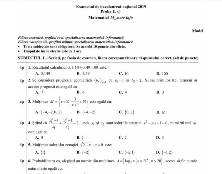 Subiecte Simulare Bac 2019 Matematică, clasa a-XI-a. Ce a picat azi