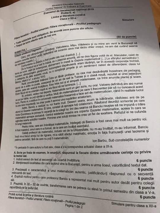 Subiecte Simulare Bac 2019 Limba Română. Avem subiectele, clasa a XII-a, UMAN