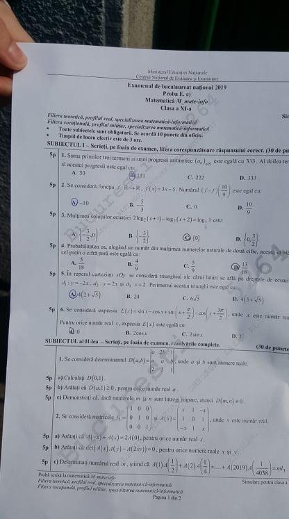 UPDATE: Simulare Matematică Bac 2019. Avem subiectele! Vezi Ce a picat la clasa 11
