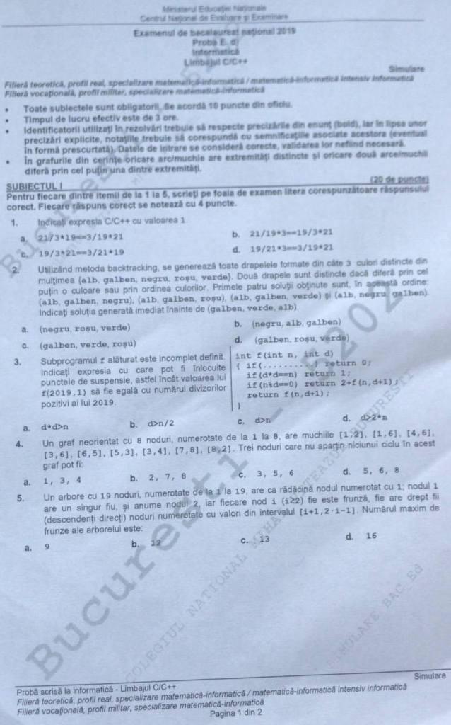 UPDATE: Simulare Bac 2019, profil REAL. Avem subiectele la Informatică!