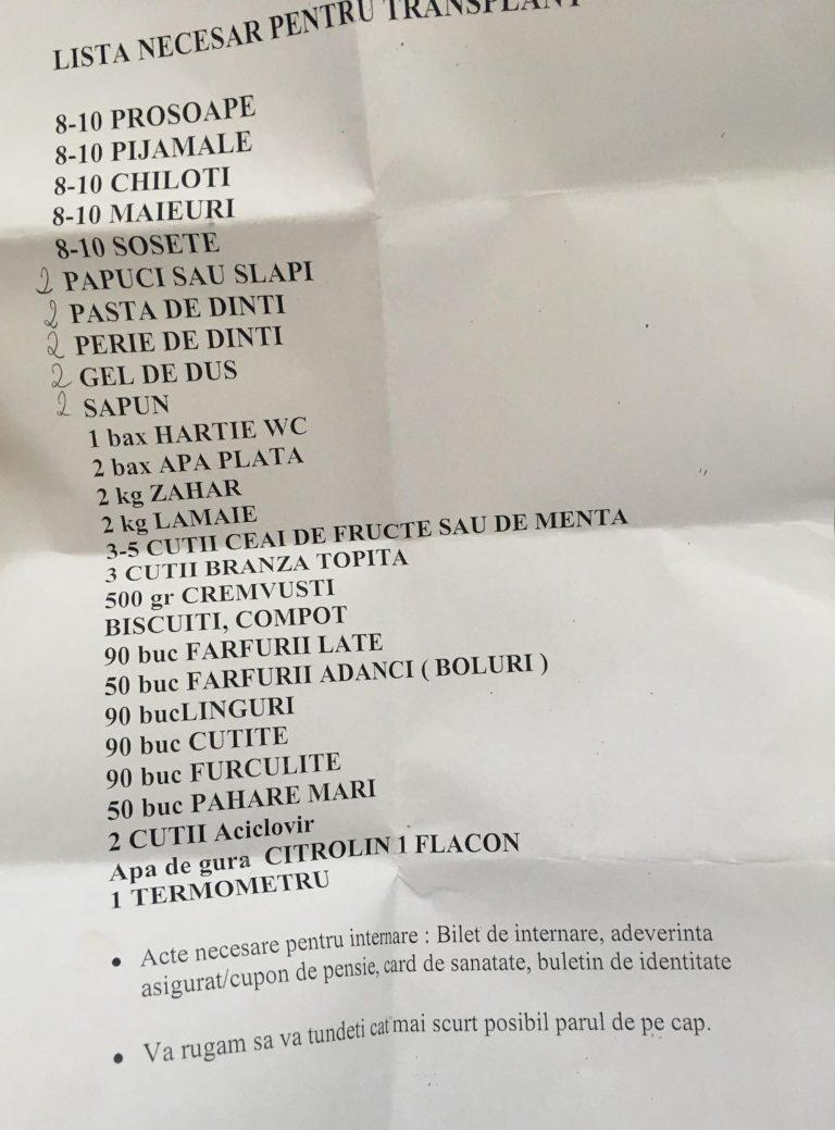 Pacienți care urmează să fie supuși unui transplant de măduvă, chemați de acasă cu crenvurști, hârtie igienică sau brânză topită! Lista cu produsele cerute la internare 