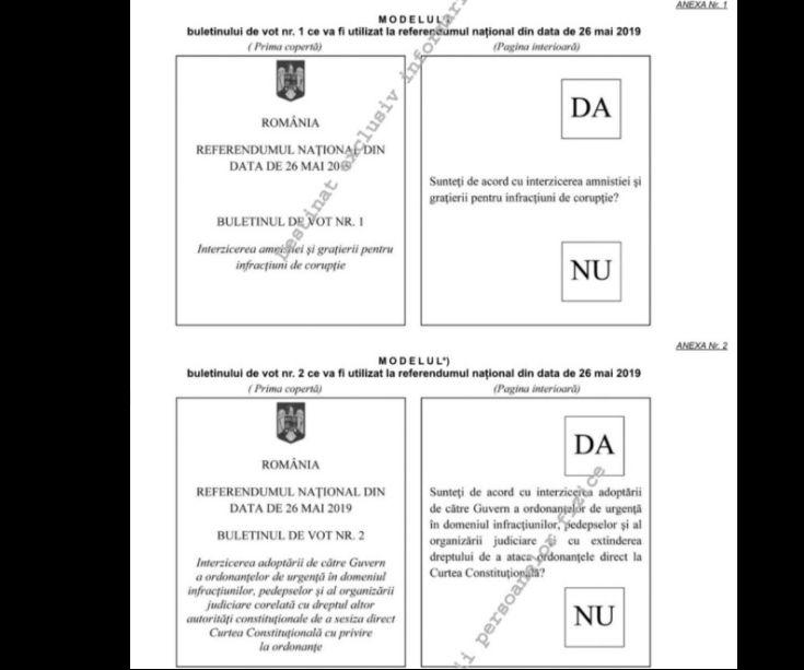 Referendum pentru 2019. Cum arată buletinele de vot cu întrebările la