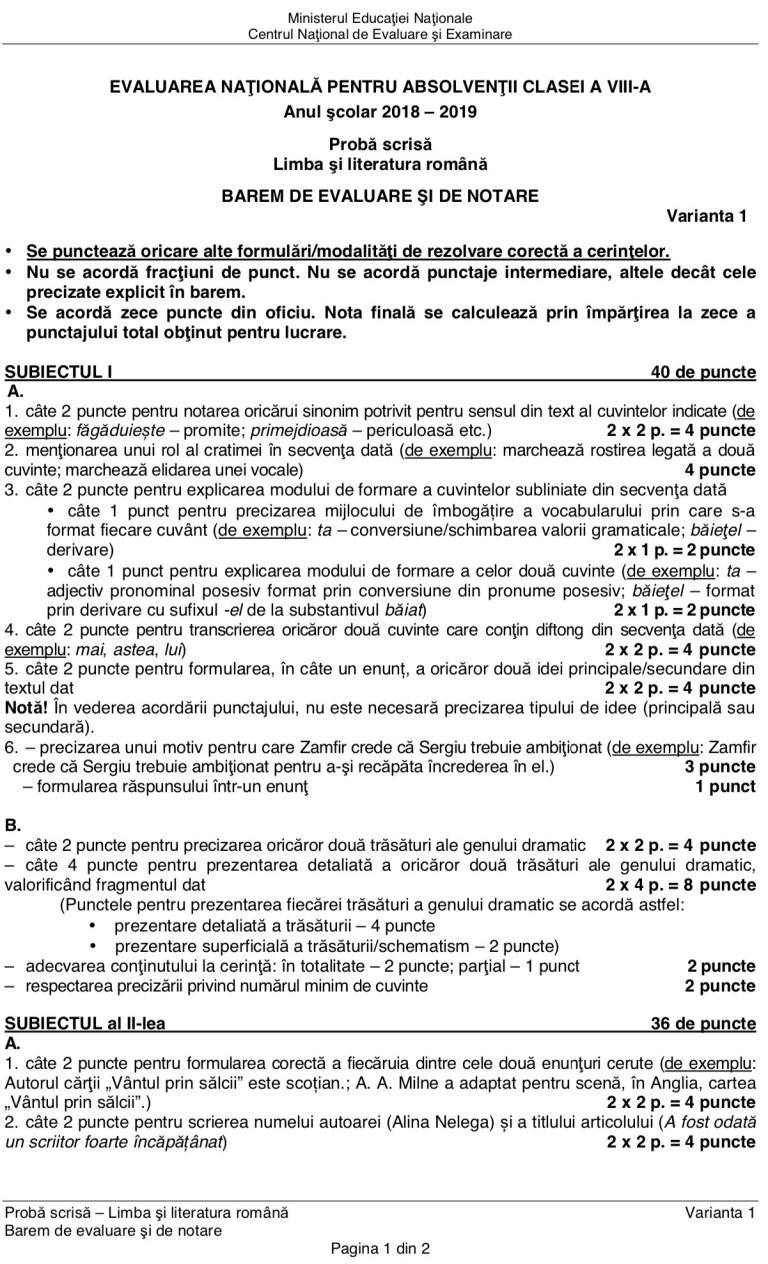 Barem Limba Română Evaluare Națională 2019 Edu.ro: subiecte rezolvate și note