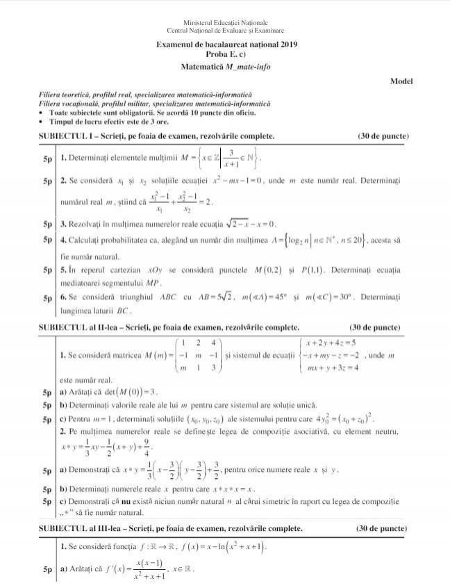 Bacalaureat 2019. Modele subiecte Matematică: mate-info, tehnologic, pedagogic, științe