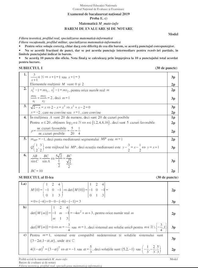 Bacalaureat 2019. Modele subiecte Matematică: mate-info, tehnologic, pedagogic, științe