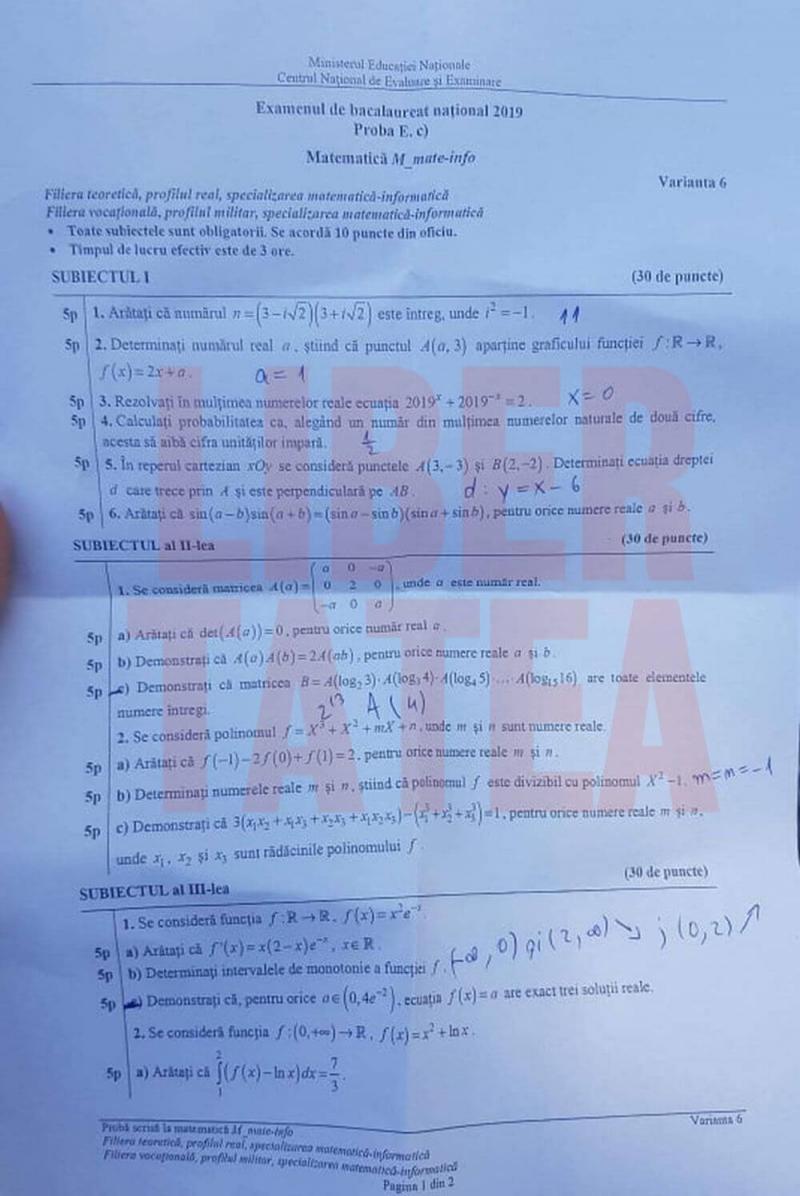 Subiecte și Bareme Matematică BAC 2019 - Ce a picat la mate-info! FOTO