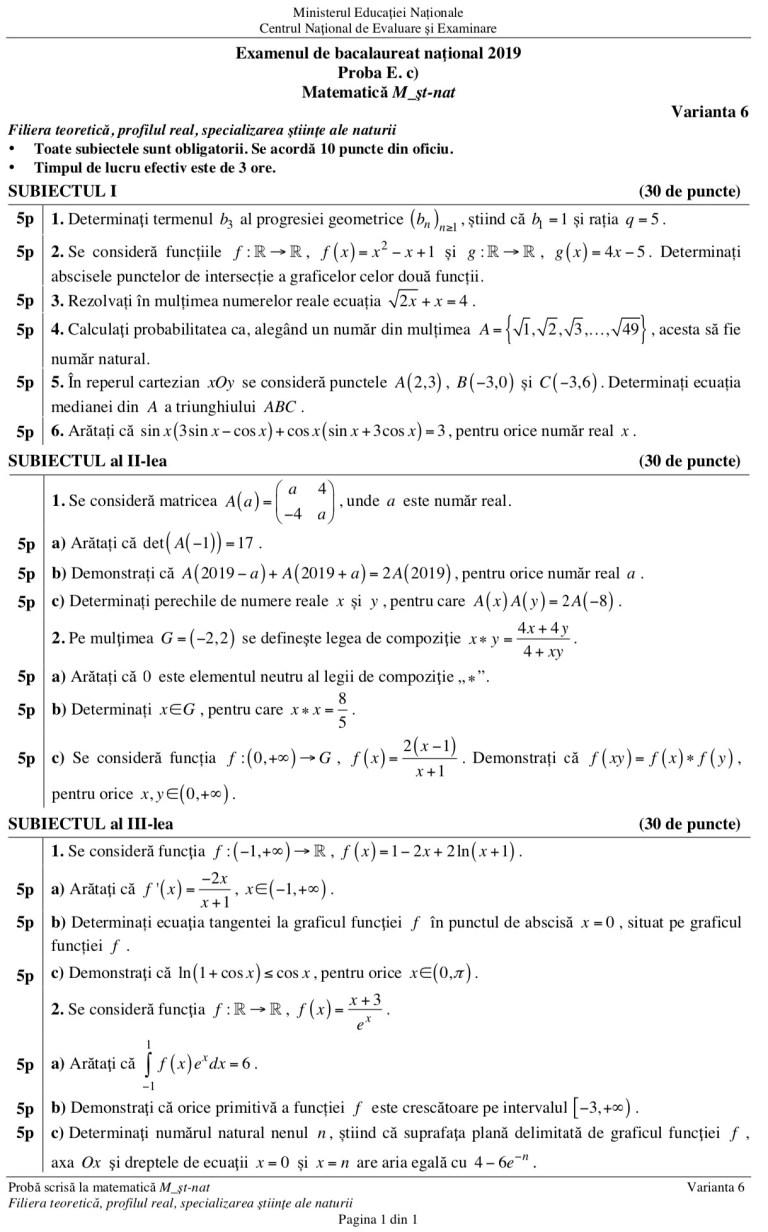 Subiecte și Bareme Matematică BAC 2019 - Științele Naturii! Ce a picat FOTO