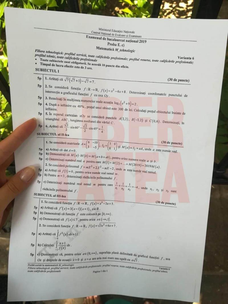 Subiecte și Bareme Matematică BAC 2019 - Ce a picat la Filiera tehnologică! FOTO