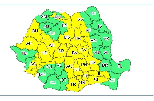 Avertizare meteo de ploi torențiale până miercuri. Jumătate din România sub cod galben