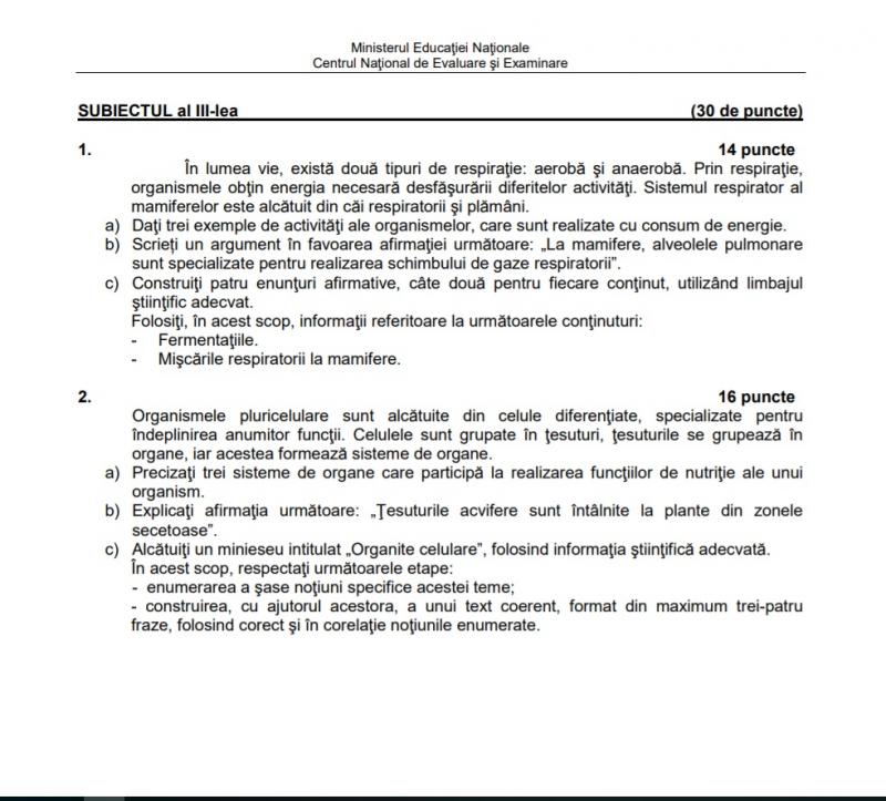 Subiecte Biologie BAC 2019 Edu.ro: Subiecte și bareme! Ce a picat! FOTO