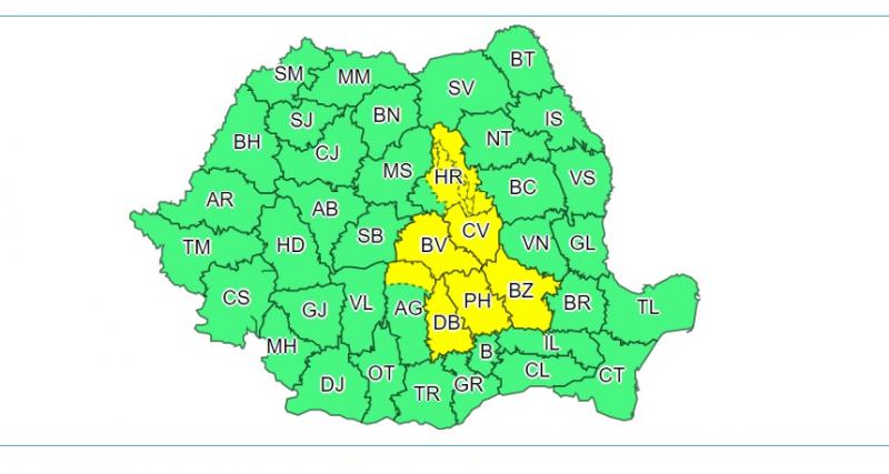 ANM: cod galben averse torențiale și grindină în șase județe din România