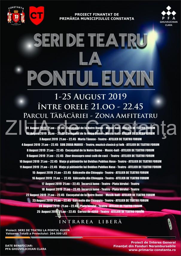 Program pe zile pentru stagiunea estivală „Seri de teatru la Pontul Euxin” la Constanța. Intrarea este liberă