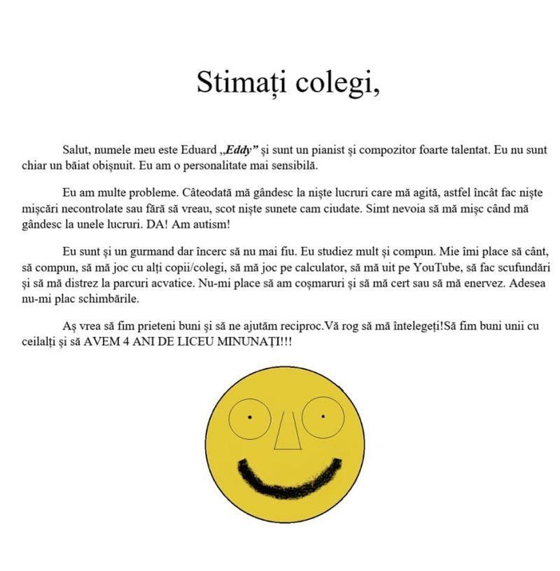 Eddy e din Bistrița, are autism și le-a scris un mesaj noilor săi colegi de liceu: ”Uneori ma mișc necontrolat, dar sunt de treabă. Aș vrea să fim prieteni"