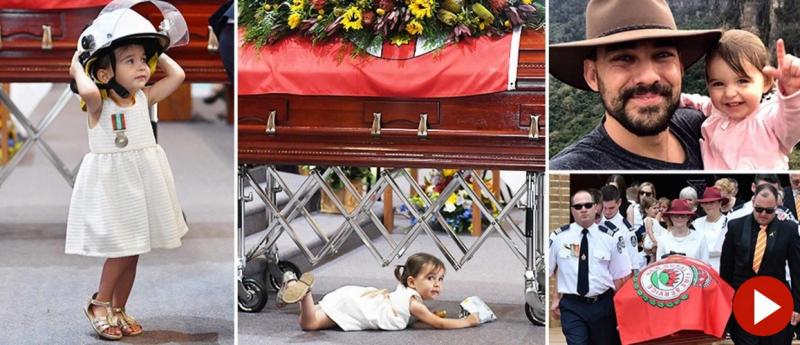 Când va crește, le va privi și va plânge! Fotografii sfâșietoare cu o fetiță de un an, la înmormântarea tatălui ei pompier, erou în infernul din Australia! FOTO