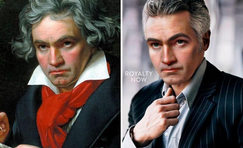 Ludwig Van Beethoven din 1800 și Ludwig Van Beethoven din 2020. Sunt imbracati diferit, primul are părul lung și o esarfa rosie la gat, iar cel de-al doilea este imbracat intr-o camasa albastra si sacou.