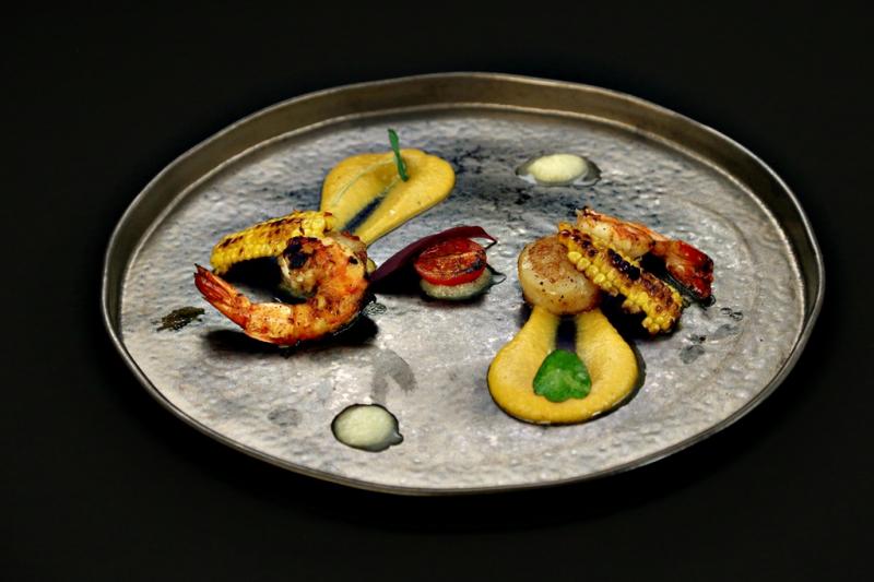 Piure de dovleac cu Saint Jacques și creveți